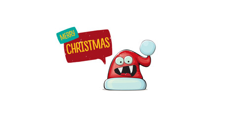 Vector cartoon Santa Claus red hat with smile face isolated on white horizontal bannner background. Merry Christmas greeting banner with funny monster Santa Claus hat. Santa hat