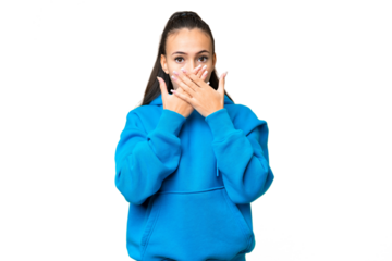 Young Arabian woman over isolated chroma key background covering mouth with hands