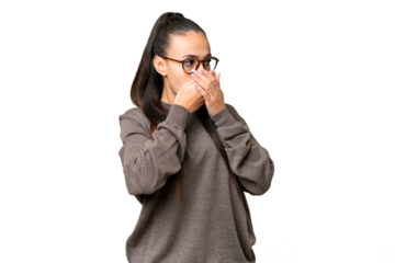 Young Arabian woman over isolated chroma key background covering mouth and looking to the side