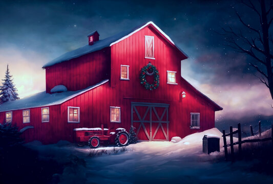 Red Winter Barn on Christmas