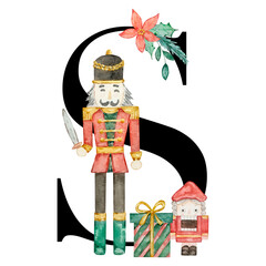 Christmas Nutcracker Letter S with watercolor soldier