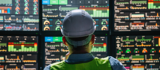 Main engineer operator and computer screens with modern following production system Industry 4.0...