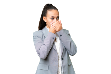 Young Arabian woman over isolated chroma key background covering mouth and looking to the side