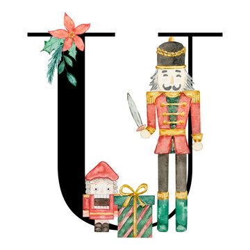 Christmas Nutcracker Letter U with watercolor soldier