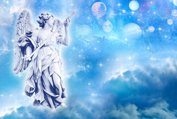 angel archangel with universe - planets, cosmic light, sky and nebula - with copy space like spiritual, religious, angelic, mystic, mystical background