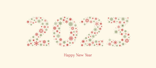 Number 2023 made of red and green snowflakes on a beige background. New Year greeting card. Vector illustration