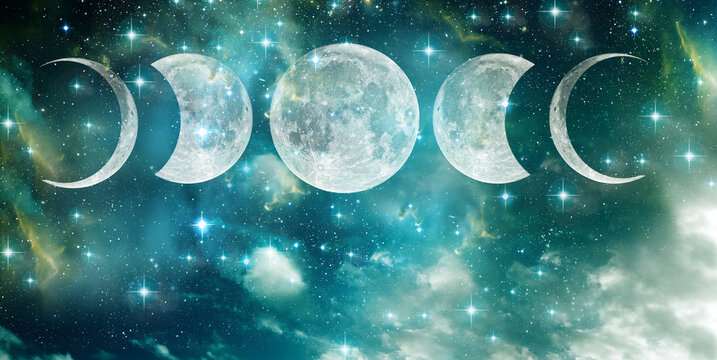 Moon or Luna and its three phases, New moon, waxing crescent,  waning, over night sky with stars and nebula like universe, cosmic, astrology, spiritual background 