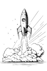 Cartoon rocket launch. Black contours on a white background