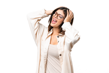 Young Russian woman over isolated chroma key background stressed overwhelmed