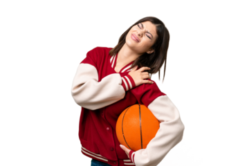 Young Russian woman playing basketball over isolated chroma key background suffering from pain in shoulder for having made an effort