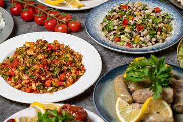 Traditional Turkish and Greek dinner appetizer table. Mediterranean appetizer concept. Dry cowpea salad, roasted eggplant salad, stuffed leaves with olive oil, stuffed dried peppers, cabbage rolls