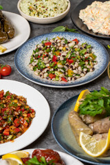 Traditional Turkish and Greek dinner appetizer table. Mediterranean appetizer concept. Dry cowpea salad, roasted eggplant salad, stuffed leaves with olive oil, stuffed dried peppers, cabbage rolls