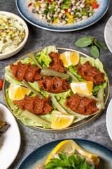 Traditional Turkish and Greek dinner appetizer table. Mediterranean appetizer concept. Raw meatballs, roasted eggplant salad, stuffed olives, stuffed peppers, gavurdagi salad