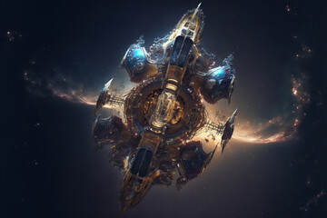 Fototapeta na wymiar Spaceship in cosmos, fantasy sci fi epic ufo. AI