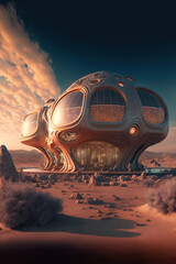 Fototapeta na wymiar Futuristic architecture on alien planet, space expansion concept, cosmic colonisation. AI 