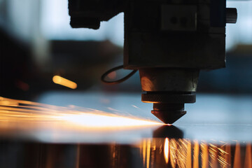 The laser machine cuts metal, bright sparks fly. Metalworking at the factory.