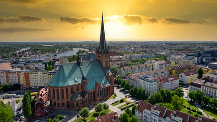 Fototapeta premium Szczecin - aerial city landscape. The Chrobry shafts, the theater and the panorama of the city. Monuments and tourist attractions of the city of Szczecin: Hakena Terrace, Chrobrego Boulevard.