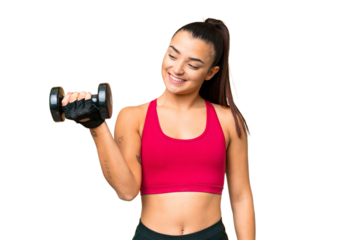 Young sport woman making weightlifting with happy expression
