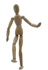 Wooden jointed figure posed as if kicking something such as a ball
