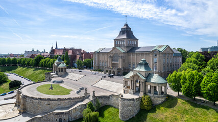 Szczecin - aerial city landscape. The Chrobry shafts, the theater and the panorama of the city. Monuments and tourist attractions of the city of Szczecin: Hakena Terrace, Chrobrego Boulevard.