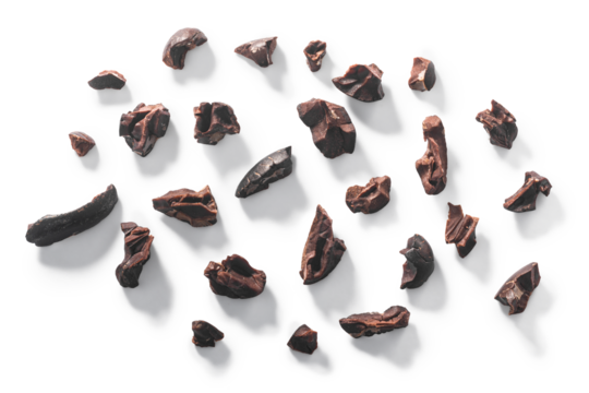 Cacao nibs, a pieces of broken cocoa beans isolated png, top view
