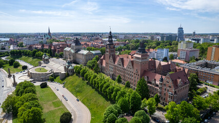 Szczecin - aerial city landscape. The Chrobry shafts, the theater and the panorama of the city. Monuments and tourist attractions of the city of Szczecin: Hakena Terrace, Chrobrego Boulevard. © Sebastian