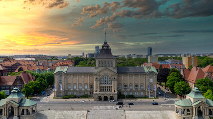 Szczecin - aerial city landscape. The Chrobry shafts, the theater and the panorama of the city. Monuments and tourist attractions of the city of Szczecin: Hakena Terrace, Chrobrego Boulevard. © Sebastian