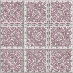 Pink ceramic mosaic wall floor tile with white vintage ornament 3D seamless texture