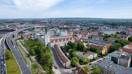Fototapeta na wymiar Szczecin - aerial city landscape. The Chrobry shafts, the theater and the panorama of the city. Monuments and tourist attractions of the city of Szczecin: Hakena Terrace, Chrobrego Boulevard.