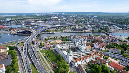 Fototapeta na wymiar Szczecin - aerial city landscape. The Chrobry shafts, the theater and the panorama of the city. Monuments and tourist attractions of the city of Szczecin: Hakena Terrace, Chrobrego Boulevard.