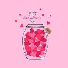 Romantic illustration for Valentine's Day. jar with hearts and "love" label on a pink background. Happy Valentine's Day vector illustration