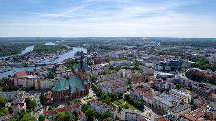 Szczecin - aerial city landscape. The Chrobry shafts, the theater and the panorama of the city. Monuments and tourist attractions of the city of Szczecin: Hakena Terrace, Chrobrego Boulevard.