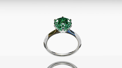 3D Jewelry green diamond white gold ring luxury gem special gift for engage wedding anniversary or valentine day symbol of love on gradient white grey background