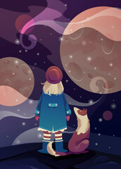 The girl and the dog look at the planets in the sky. Dreamers. Vector illustration. Character design