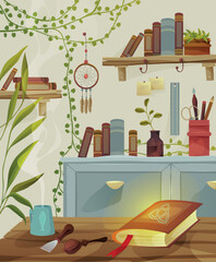 Interior of a magical room with plants. Old book, table.