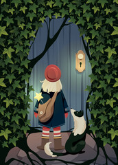 Vector illustration of the girl and the dog that stand in front of the old door. Ivy. Character design