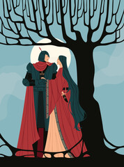 Vector illustration of a couple. The knight and lady look at each other. Fantasy, medieval. Character design