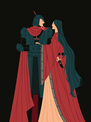 Vector illustration of a couple. The knight and lady look at each other. Fantasy, medieval. Character design