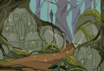 Vector illustration of an ancient forest. Huge stones, totems. Mystical forest. Fairytale.