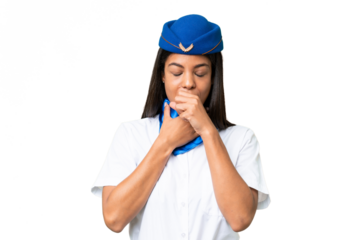 Airplane stewardess African american woman over isolated background is suffering with cough and feeling bad