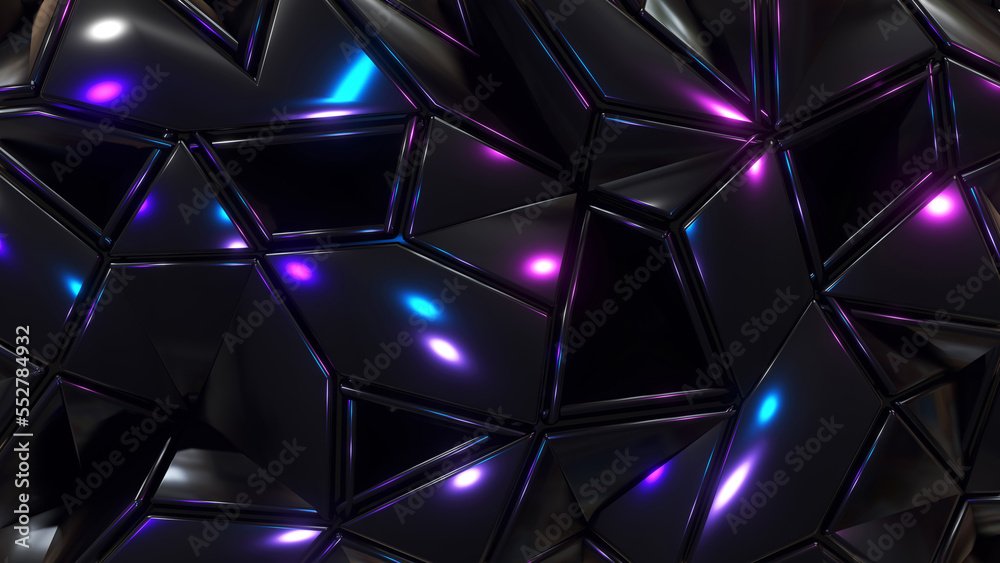 Wall mural abstract dark mosaic background, black metal polygons, triangle shapes with purple blue lights wallp