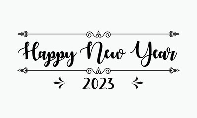 Big Set of 2023 Happy New Year logo text design. 2023 number design template. Collection of 2023 Happy New Year symbols. Vector illustration with black labels isolated on white background.
