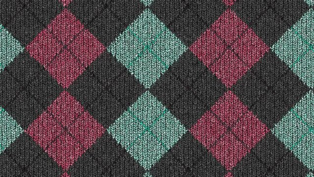 Blue Pink Gray Checkered Knitted Weaving Background Seamless Loop. Wool Knitwear Cotton Texture. Fabric Material Cloth Backdrop.