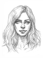 portrait of a long hair woman pencil sketch for card illustration background