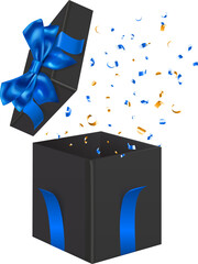 One big gift box with blue ribbons and bow, and pieces of serpentine