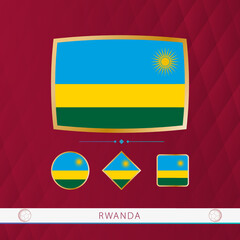 Set of Rwanda flags with gold frame for use at sporting events on a burgundy abstract background.