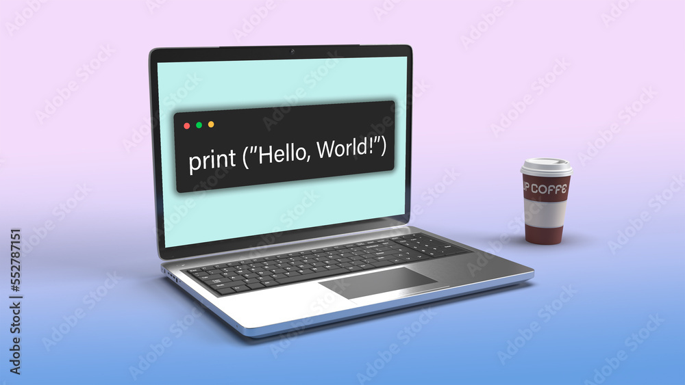 Poster python language print hello world in a laptop screen . 3d illustration of a laptop model with print 