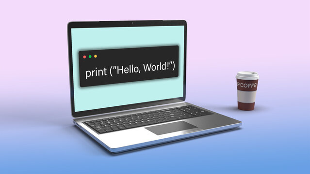python language print hello world in a laptop screen . 3d illustration of a laptop model with print hello world on a screen. Gradient background with coffee alongside laptop.