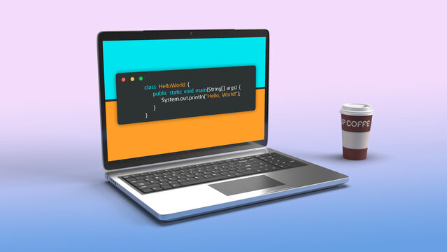 Coding hello world in java displaying on 3d laptop screen with coffee mug alongside. Hello world in java programming language 