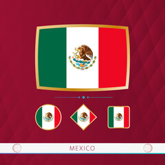 Set of Mexico flags with gold frame for use at sporting events on a burgundy abstract background.